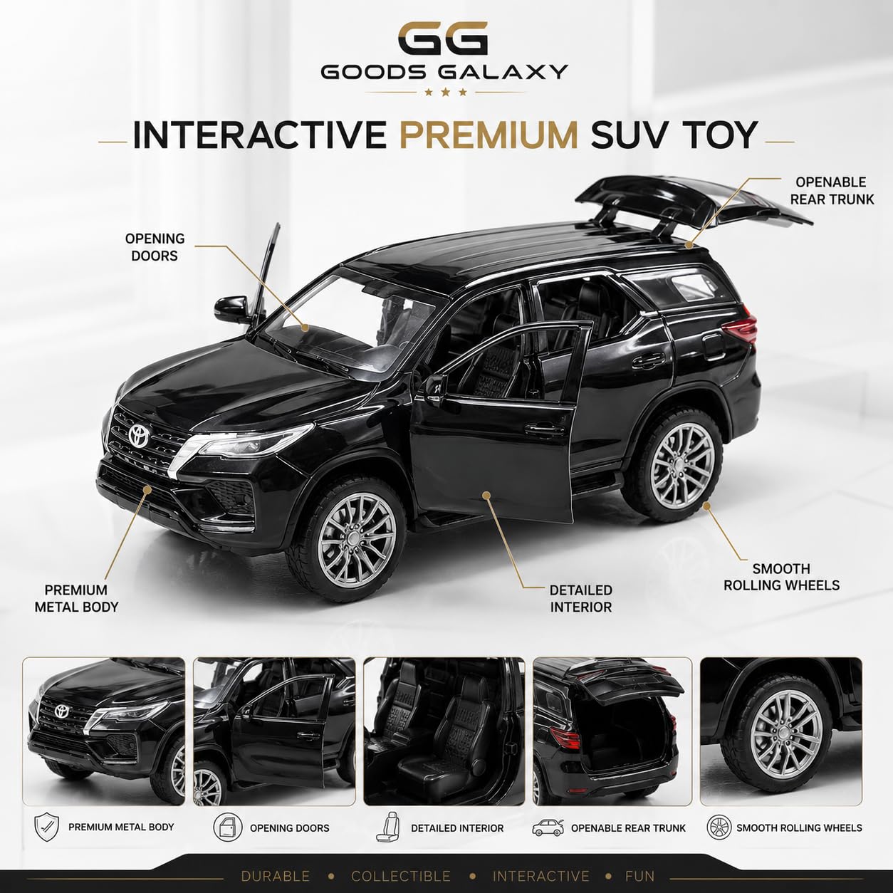 Premium Fortuner Metal SUV Car Pull Back Open Doors