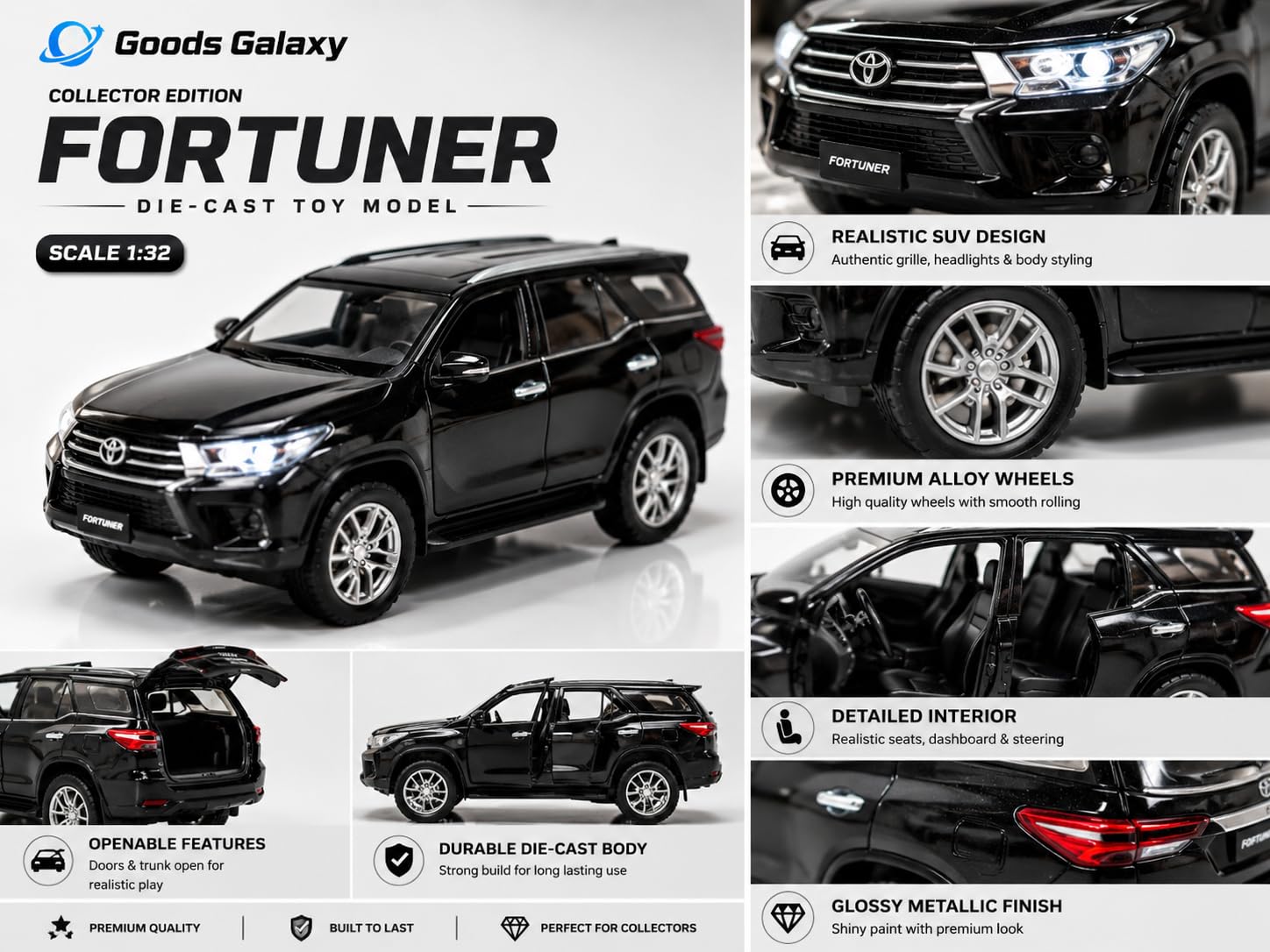 Premium Fortuner Metal SUV Car Pull Back Open Doors