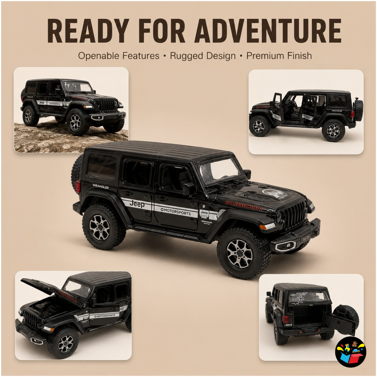 Wrangler Jeep 4x4 Die-Cast Toy Car | Pull Back Metal Model with Light, Sound & Openable Doors