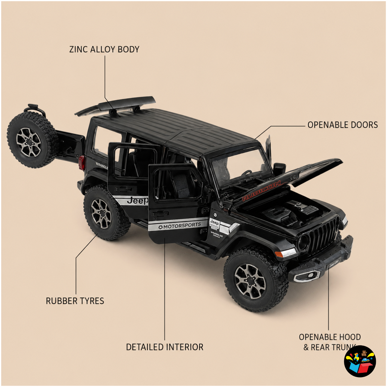 Wrangler Jeep 4x4 Die-Cast Toy Car | Pull Back Metal Model with Light, Sound & Openable Doors