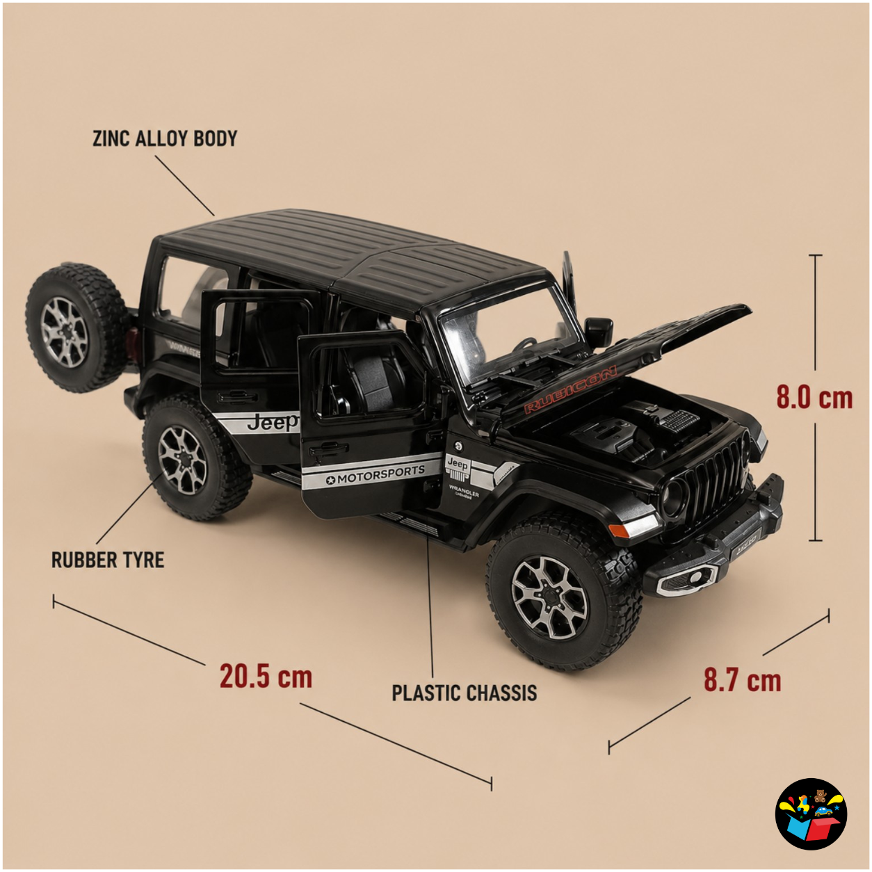 Wrangler Jeep 4x4 Die-Cast Toy Car | Pull Back Metal Model with Light, Sound & Openable Doors