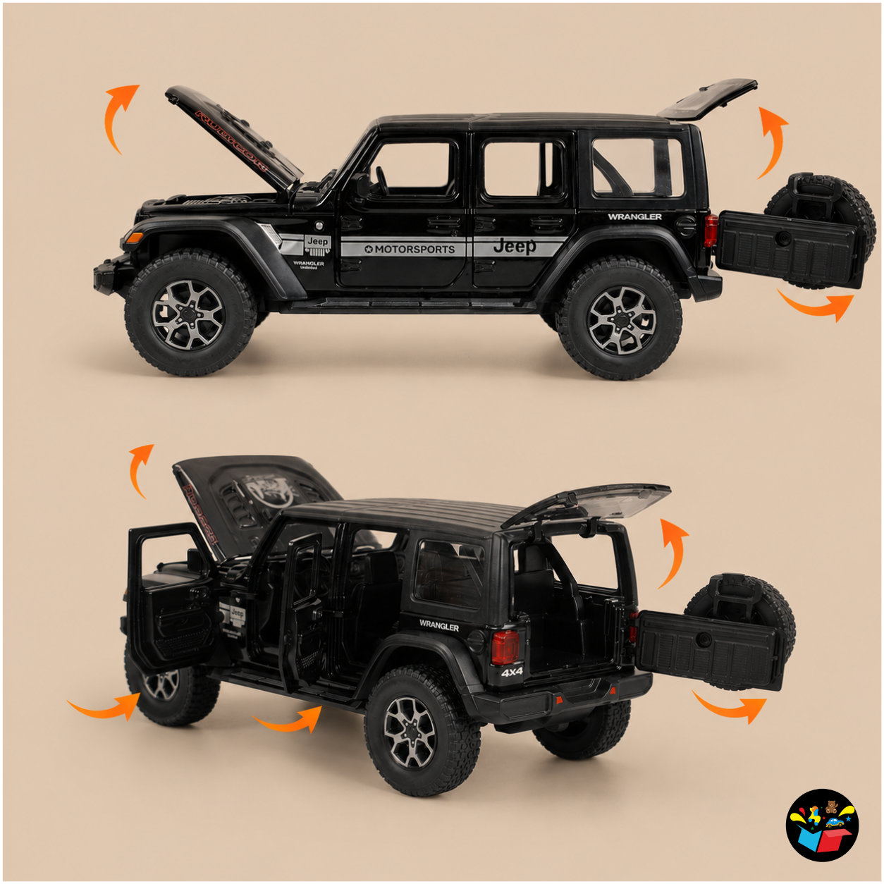 Wrangler Jeep 4x4 Die-Cast Toy Car | Pull Back Metal Model with Light, Sound & Openable Doors