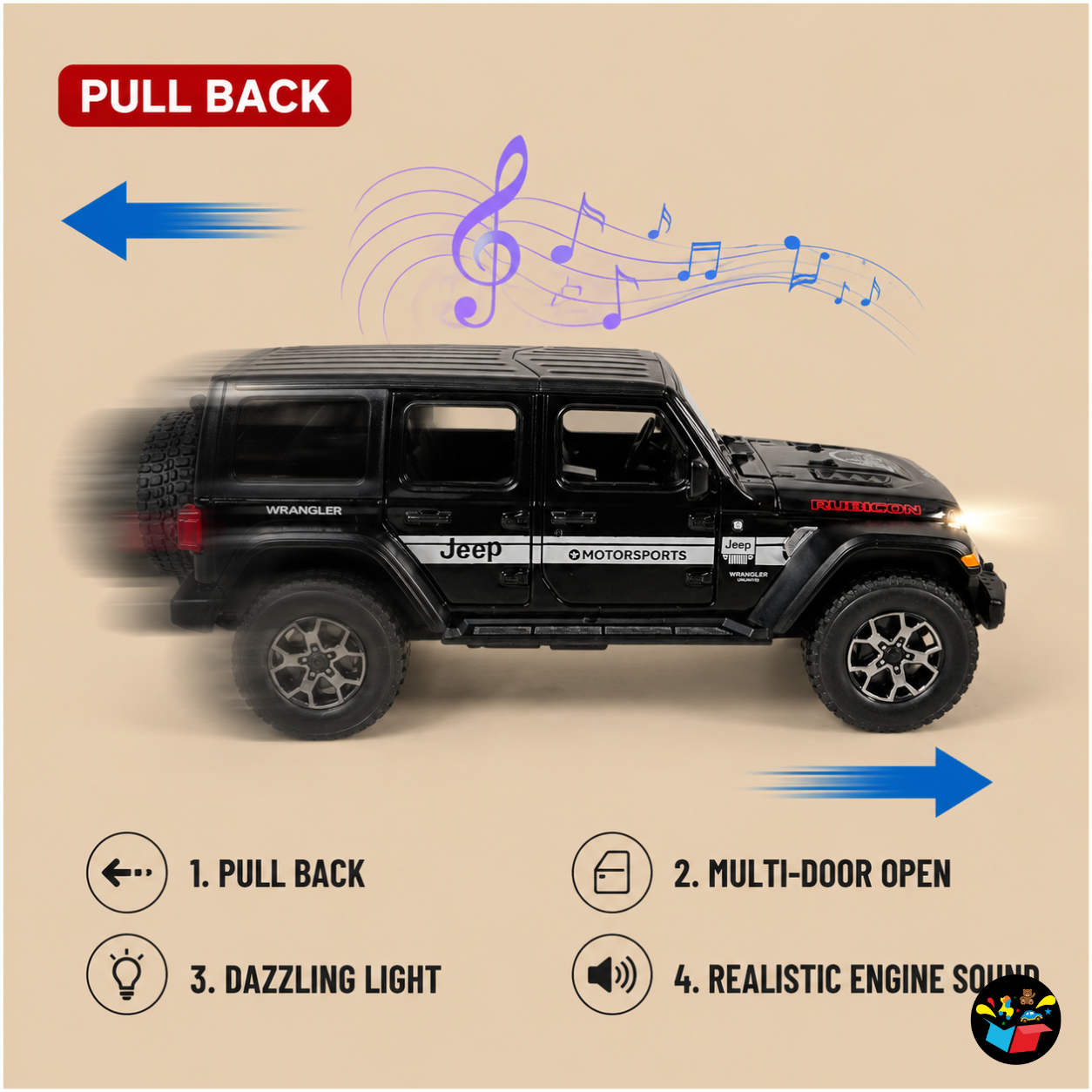 Wrangler Jeep 4x4 Die-Cast Toy Car | Pull Back Metal Model with Light, Sound & Openable Doors